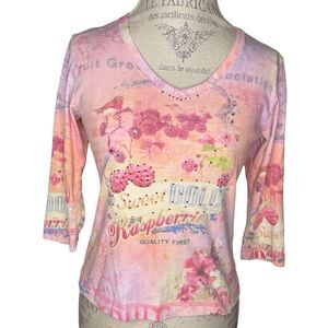 Vintage XCIT Tiedye Pastel 3/4 Sleeve Blouse Floral Berry Print Pink Purple Blue